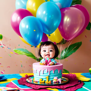 A joyful celebration! A toddler's first birthday party unfolds on a bright, colorful page. A chubby-cheeked baby sits amidst balloons and gifts, beaming with pride. The background is a warm, sun-kissed yellow, evoking feelings of happiness and sunshine. Confetti and streamers add to the festive atmosphere. The subject's curious gaze and chubby fingers grasping a toy or cake create an endearing scene.