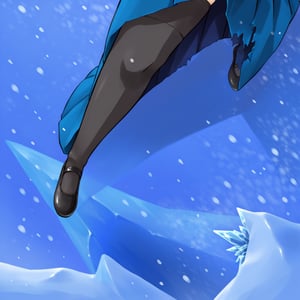 Anime, masterpiece, girl, thigh_highs, skirt, torn_clothes, black_shoes, ballet_shoes, ice, snow, nighttime,