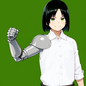 Anime, masterpiece, girl, flat_chest, short_hair, black_hair, green_eyes, eyes_narrow, smug, shirt, rolled-up_sleeve, armored_arm,