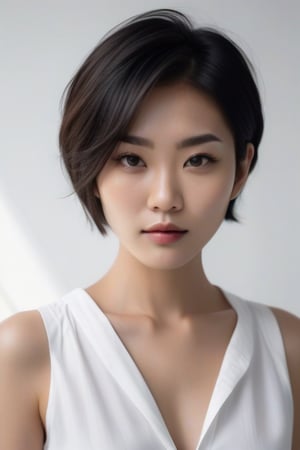 wearing a white shirt that shows the shoulders Asian woman in her 20s with beautiful short hair,
The white shirt is open to the chest,
a front-facing ,Shoulder-to-head image,
My eyes are looking at 45 degrees below,

 a light gray background,
analog photograph,  protessional fashion photoshoot, hyperrealistic, masterpiece, trending on artstation, krrrsty
