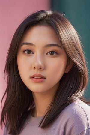 2016 Photo of a 16-year-old,a young Asian woman, Urban Outfitters model, with very long dark brown hair, hazel eyes, an alluring gaze, dynamic pose, pink background, mid-length shot, warm color tone, 35mm, shot on Kodak Ektar 100, realistic,perfect body, very sharp and detailed facial features, very detailed and glossy eyes, full glossy lips, detailed perfect face, very smooth natural skin, 16k, 32k, cinematic colour grading, perfect lighting, very detailed surroundings, soft focus, full body shot,ZeeJKT48,gh3a