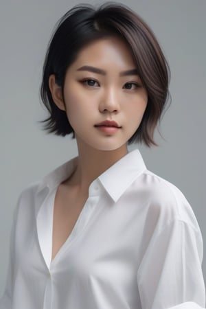 wearing a white shirt that shows the shoulders Asian woman in her 20s with beautiful short hair,
My eyes are looking at 45 degrees below,

 a light gray background,
analog photograph,  protessional fashion photoshoot, hyperrealistic, masterpiece, trending on artstation, krrrsty
