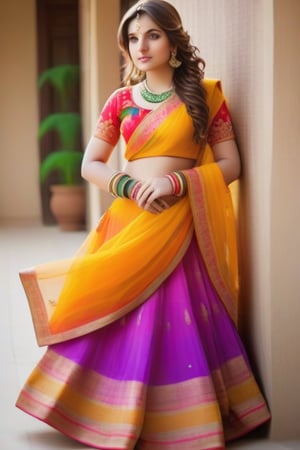 18-year-old girl with sandy brown hair in vibrant color random lehnga, posing confidently. For indoors, use ISO 800-1600, aperture f/2.8 or lower, shutter speed 1/30 to 1/60 seconds, and Incandescent/Tungsten white balance. For outdoors, use ISO 100-400, aperture f/2.8 to f/5.6 or f/8+, shutter speed 1/200 to 1/1000 seconds, and Daylight/Shade white balance. Maintain an exposure value of 1.5 and achieve soft light with diffusers, reflectors, and natural light techniques.