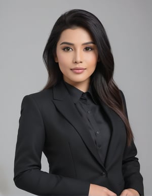 a girl like  nora fatahi  having black hair and good 4kquality black suit  realistic.  hand shave with man zoom out on her face near camera and giving pose.too 
 very near on camera professional photography
elegent, and confident .single body picture
