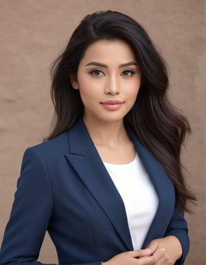 a girl like  nora fatahi  having black hair and good 4kquality suit  realistic. zoom out on her face near camera and giving pose.too near on camera professional photography
elegent, and confident .single body picture
