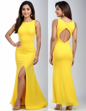 a girl like  nora fatahi  wear a  designer yellow long gown hot  dress her full body and shoes in legs  and  standing pose hands should be in back hand, single body make him more realistic. zoom out on her face near camera and giving pose.5x zoom on face of girl
elegent,four finger and 1 thumb in each hand.single body picture
