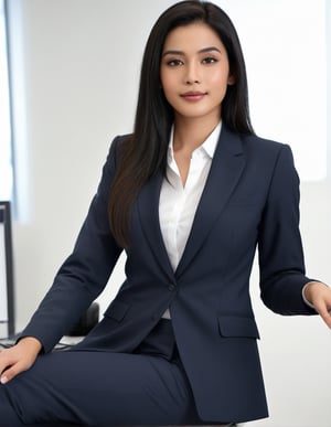 a girl like  nora fatahi  having black hair and good 4kquality suit  full body realistic.  And sitting in office.zoom out on her face near camera and giving pose.too near on camera professional photography
elegent, and confident .single body picture
