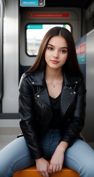 a  beautiful   girl WEAR  black leather jacket   and jeans AND   AI celebrity pose  LOOK and giving a  NEAR  CAMERA  different UNIQUE hot
 Sitting in metro POSE and lighting 
  background  and an ai inlfuencer and a colorful LONG hair and pretty face and eyes pretty .8K CLEAR,HIGH RESOLUTION CANON CAMERA IMAGE 