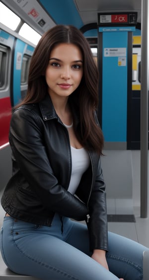 a  beautiful   girl WEAR  black leather jacket   and jeans AND   AI celebrity pose  LOOK and giving a  NEAR  CAMERA  different UNIQUE hot
 Sitting in metro POSE and lighting 
  background  and an ai inlfuencer and a colorful LONG hair and pretty face and eyes pretty .8K CLEAR,HIGH RESOLUTION CANON CAMERA IMAGE 