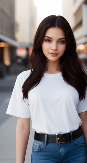 a  beautiful   girl  wearing a white tshirt and blue jeans with belt AND AI celebrity LOOK and giving a  NEAR  CAMERA UNIQUE different 
 STRAIGHT good pose with man and lighting background  and an ai inlfuencer and a colorful LONG hair and pretty face and eyes pretty .4K CLEAR,HIGH RESOLUTION CANON CAMERA IMAGE 