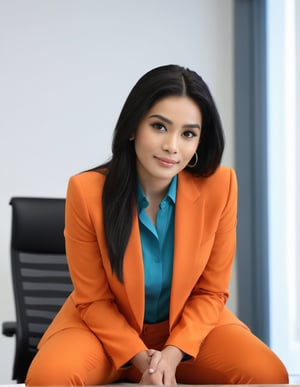 a girl like  nora fatahi  having black hair and good 4kquality   orange suit realistic.  And sitting on office table.zoom out on her face near camera and giving pose.too near on camera professional photography
elegent, and confident .single body picture
