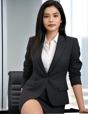 a girl like  nora fatahi  having black hair and good 4kquality suit  full body realistic.  And sitting on office table.zoom out on her face near camera and giving pose.too near on camera professional photography
elegent, and confident .single body picture
