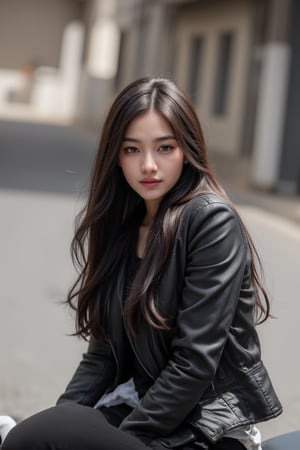 A indian girl sitting on the bullet bike .wearing a black jacket and black jeans with black shoes and background street and looking to the camera 