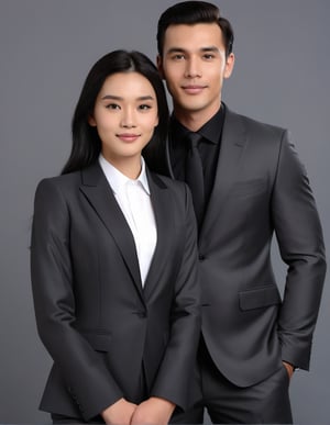a man and girl  having black hair and good 4kquality suit  realistic. zoom out on her face near camera and giving pose.too near on camera professional photography
elegent, and confident .single body picture

