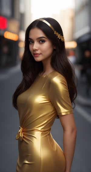 a  beautiful   girl WEAR golden gown and scaun on head AND   AI celebrity pose  LOOK and giving a  NEAR  CAMERA  different UNIQUE hot
   POSE and lighting street
  background  and an ai inlfuencer and a colorful LONG hair and pretty face and eyes pretty .8K CLEAR,HIGH RESOLUTION CANON CAMERA IMAGE 
