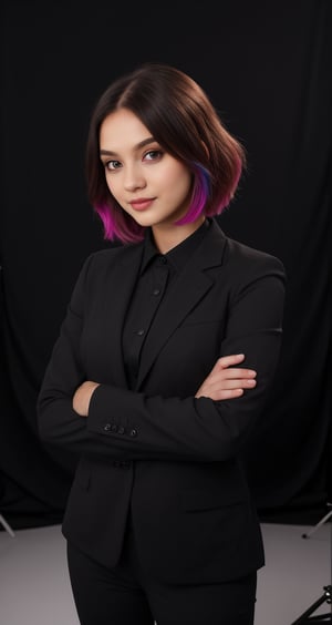 a beautiful girl wearing a black suit and giving a good pose and lighting background in studio and an ai inlfuencer and a colorful hair and pretty face and eyes pretty differnet pose