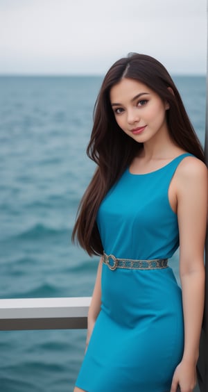a  beautiful   girl WEAR  blue DRESS   AND   AI celebrity office LOOK and giving a  NEAR  CAMERA  different UNIQUE hot
 STRAIGHT POSE and sea 
  background  and an ai inlfuencer and a colorful LONG hair and pretty face and eyes pretty .8K CLEAR,HIGH RESOLUTION CANON CAMERA IMAGE 