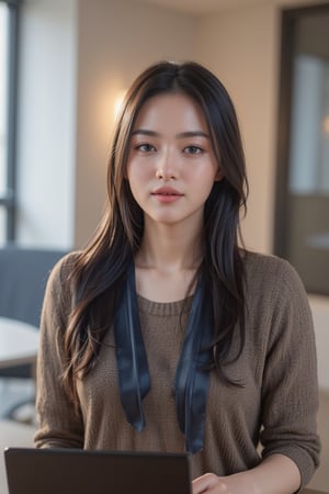 A girl sitting in the office and work on the laptop wearing a office dress and background office