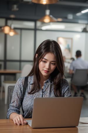 A girl sitting in the office and work on the laptop wearing a office dress and background office