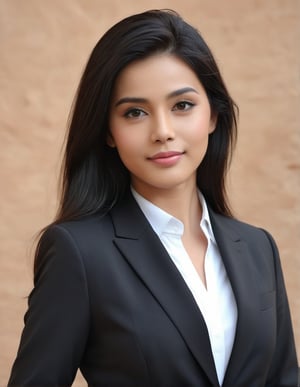 a girl like  nora fatahi  having black hair and good 4kquality suit   realistic. zoom out on her face near camera and giving pose.too near on camera professional photography
elegent, and confident .single body picture
