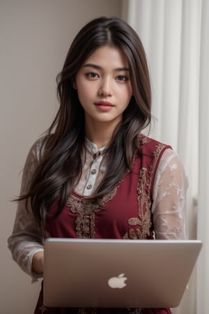 A indian girl sitting in the office and work on the laptop wearing a office dress and background office and looking to the camera 