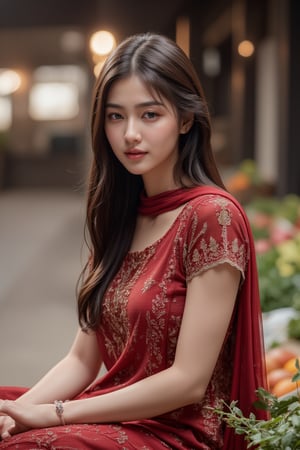 A indian girl sitting in the  vegetable market  and  wearing a home dress and background shops  and looking to the camera 