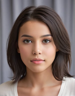 portrait of a young girl age 24. she is looking up at the camera. her shoulder length black hair frames her face. she is confident. natural beauty. beautiful black eyes with a little brown ring in her iris. catchlights in the eyes. full lips. The image has a neutral color tone with natural light setting. f/5.6 50mm, close-up, sharp focus, (Best Quality:1.4), (Ultra realistic, Ultra high res), Highly detailed, Professional Photography