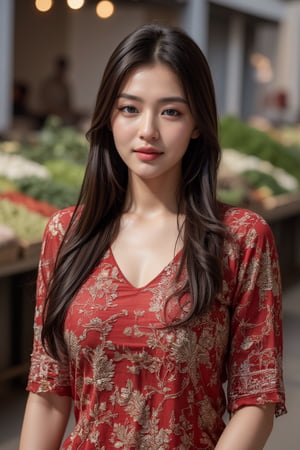 A indian girl sitting in the  vegetable market  and  wearing a home dress and background shops  and looking to the camera 