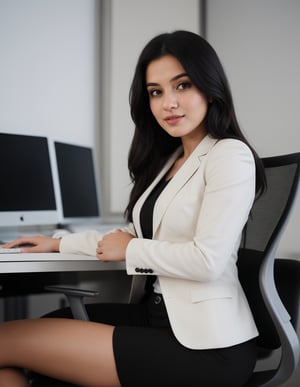 a girl like  nora fatahi  having black hair and good 4kquality suit realistic.  And sitting on office chair.zoom out on her face near camera and giving pose.too near on camera professional photography
elegent, and confident .single body picture.four finger and 1 thumb in each hand
