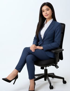 a girl like  nora fatahi  having black hair and good 4kquality suit realistic.  And sitting on office chair.zoom out on her face near camera and giving pose.too near on camera professional photography
elegent, and confident .single body picture
