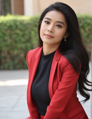 a girl like  nora fatahi  having black hair and good 4kquality  red suit  realistic. zoom out on her face near camera and giving pose.too near on camera professional photography
elegent, and confident .single body picture
