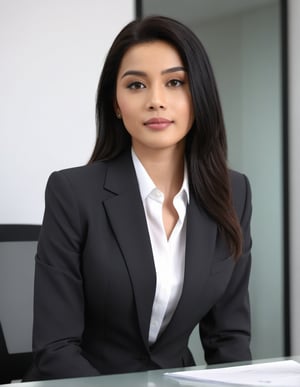 a girl like  nora fatahi  having black hair and good 4kquality  suit realistic.  And sitting on office table.zoom out on her face near camera and giving pose.too near on camera professional photography
elegent, and confident .single body picture
