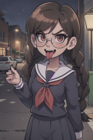 Genocide Jack, 1 girl, solo, upper_body, standing, intense, angry, long hair, brown hair, twin braids, hair ornament, bangs, long skirt, pleated skirt, red eyes, glasses, long tongue, tongue out, long sleeves, school uniform, serafuku, neckerchief, outside, night, street, street light,