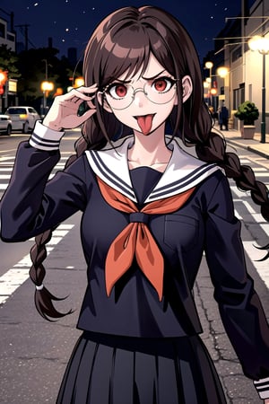 Genocide Jack, 1 girl, solo, upper_body, standing, intense, angry, long hair, brown hair, twin braids, hair ornament, bangs, long skirt, pleated skirt, red eyes, glasses, long tongue, tongue out, long sleeves, school uniform, serafuku, neckerchief, outside, night, street, street light,