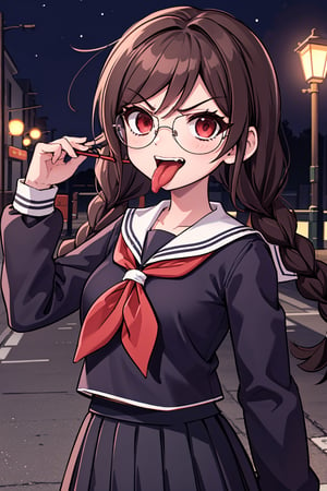 Genocide Jack, 1 girl, solo, upper_body, standing, intense, angry, long hair, brown hair, twin braids, hair ornament, bangs, long skirt, pleated skirt, red eyes, glasses, long tongue, tongue out, long sleeves, school uniform, serafuku, neckerchief, outside, night, street, street light,