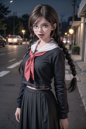 Genocide Jack, 1 girl, solo, upper_body, standing, intense, angry, long hair, brown hair, twin braids, hair ornament, bangs, long skirt, pleated skirt, red eyes, glasses, long tongue, tongue out, long sleeves, school uniform, serafuku, neckerchief, outside, night, street, street light,