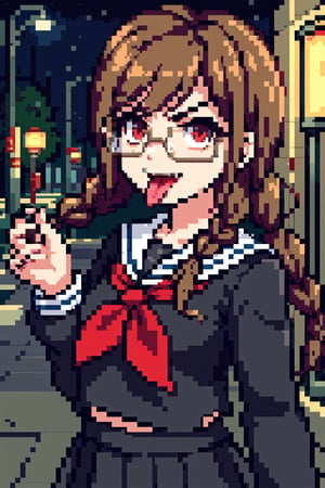 Genocide Jack, 1 girl, solo, upper_body, standing, intense, angry, long hair, brown hair, twin braids, hair ornament, bangs, long skirt, pleated skirt, red eyes, glasses, long tongue, tongue out, long sleeves, school uniform, serafuku, neckerchief, outside, night, street, street light,