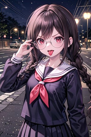 Genocide Jack, 1 girl, solo, upper_body, standing, intense, angry, long hair, brown hair, twin braids, hair ornament, bangs, long skirt, pleated skirt, red eyes, glasses, long tongue, tongue out, long sleeves, school uniform, serafuku, neckerchief, outside, night, street, street light,