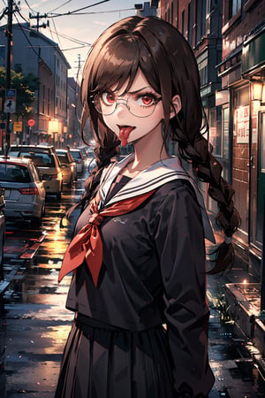 Genocide Jack, 1 girl, solo, upper_body, standing, intense, angry, long hair, brown hair, twin braids, hair ornament, bangs, long skirt, pleated skirt, red eyes, glasses, long tongue, tongue out, long sleeves, school uniform, serafuku, neckerchief, outside, night, street, street light,