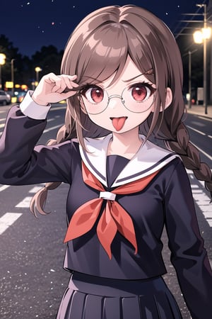 Genocide Jack, 1 girl, solo, upper_body, standing, intense, angry, long hair, brown hair, twin braids, hair ornament, bangs, long skirt, pleated skirt, red eyes, glasses, long tongue, tongue out, long sleeves, school uniform, serafuku, neckerchief, outside, night, street, street light,