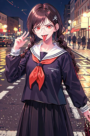 Genocide Jack, 1 girl, solo, upper_body, standing, intense, angry, long hair, brown hair, twin braids, hair ornament, bangs, long skirt, pleated skirt, red eyes, glasses, long tongue, tongue out, long sleeves, school uniform, serafuku, neckerchief, outside, night, street, street light,