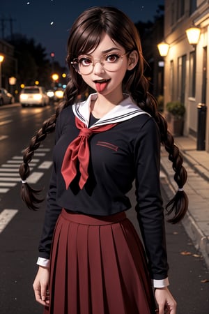 Genocide Jack, 1 girl, solo, upper_body, standing, intense, angry, long hair, brown hair, twin braids, hair ornament, bangs, long skirt, pleated skirt, red eyes, glasses, long tongue, tongue out, long sleeves, school uniform, serafuku, neckerchief, outside, night, street, street light,