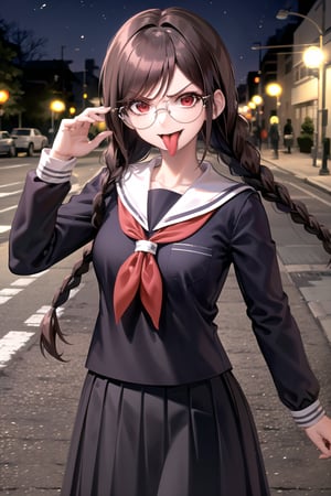 Genocide Jack, 1 girl, solo, upper_body, standing, intense, angry, long hair, brown hair, twin braids, hair ornament, bangs, long skirt, pleated skirt, red eyes, glasses, long tongue, tongue out, long sleeves, school uniform, serafuku, neckerchief, outside, night, street, street light,