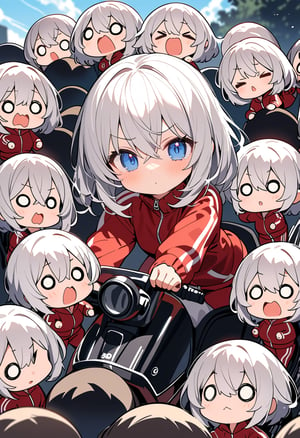 many girls, (chibi, a cute looking chibi girl, O_o,eyes open:1.1), full body, hair between eyes, medium hair,white hair, tracksuit,riding, masterpiece,best quality,ultra detailed,((many heads))