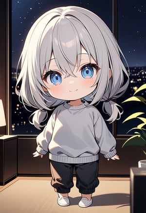 1girl, solo, (chibi, a cute looking chibi girl, smile,eyes close:1.1), full body, hair between eyes, silver hair, low twintails, long sleeves, grey sweater, black pants, indoors, night, darkness, indoors, masterpiece, best quality,