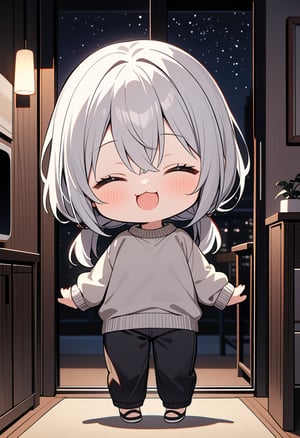 1girl, solo, (chibi, a cute looking chibi girl, ),smile,closed eyes,,open mouth,:3,full body, hair between eyes, silver hair, low twintails, long sleeves, grey sweater, black pants, indoors, night, darkness, indoors, masterpiece, best quality,