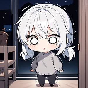 1girl, solo, (chibi, a cute looking chibi girl, O_o,eyes open:1.1), trembling, full body, hair between eyes, silver hair, low twintails, long sleeves, grey sweater, black pants, indoors, night, darkness, indoors, masterpiece, best quality,