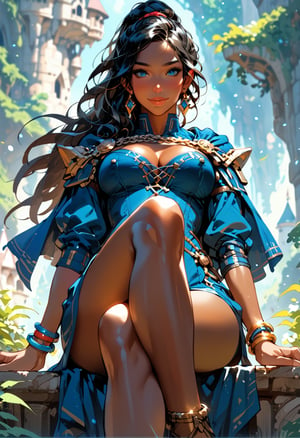 score_9, score_8_up, score_7_up, 2d, detailed background, fantasy background, outdoors, concept art, 1girl, solo, (dark female), (dark skin:1.45), ruby earrings, ornately detailed royal dress, thick fabric, long sleeves, (adventurer cape:1.3), blue dress, (delicate golden chain ankle_bracelet:1.1), cleavage, curvy, big breasts, teardrop breasts, (nipple_outlines:1.2), wide hips, black hair, long wavy hair, ponytail, large hair, (beautiful face:1.2), (blue eyes:1.3), seductive eyes, light smile, shy, blush, natural lips, crossed_legs_(sitting), (knee_up:1.1), (face focus:1.3), [cameltoe:0.1], outdoors, fantasy castle town, depth of field, (low angle:1.1)