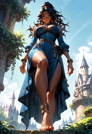 score_9, score_8_up, score_7_up, 2d, detailed background, fantasy background, outdoors, concept art, 1girl, solo, dark female, (dark skin:1.4), ruby earrings, ornately detailed royal dress, thick fabric, long sleeves, adventurer cape, blue dress, (gold ankle_bracelet:1.1), cleavage, curvy, big breasts, teardrop breasts, nipple_outlines, wide hips, black hair, long wavy hair, ponytail, large hair, (blue eyes:1.2), seductive eyes, light smile, submisive, blush, natural lips, (knee_up:1.1), feet, (foot focus:1.1), (subtle_genitalia:1.3), outdoors, fantasy castle town, depth of field, (low angle:1.3)