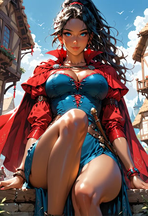 score_9, score_8_up, score_7_up, 2d, detailed background, medieval fantasy background, outdoors, concept art, 1girl, solo, (dark female:1.2), (dark skin:1.45), ruby earrings, ornately detailed royal dress, thigh slit, thick fabric, long sleeves, (crimson cape:1.3), blue dress, (ankle_bracelet:1.1), cleavage, curvy, big breasts, teardrop breasts, (nipple_outlines:1.2), wide hips, thick thighs, black hair, long wavy hair, ponytail, large hair, (beautiful face:1.2), (blue eyes:1.3), seductive eyes, light smile, shy, blush, natural lips, crossed_legs_(sitting), (knee_up:1.1), (face focus:1.3), [panties:0.1], fantasy medieval town, depth of field, (low angle:1.1)